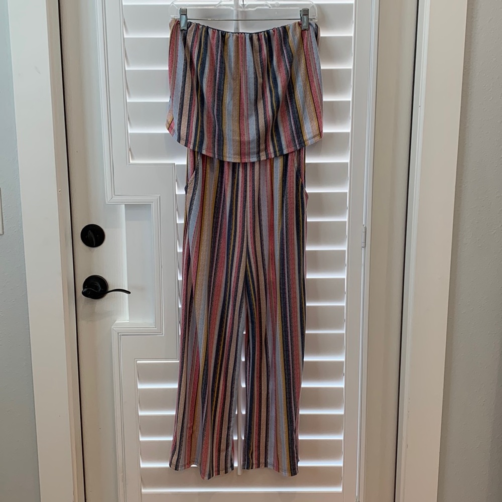 Multi-color stripe jumpsuit w/ pockets